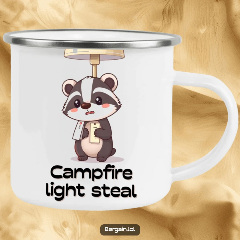 Funny Kawaii badger camping mug with a badger comically surprised by a cheap lamp price, ideal for outdoor deals.
