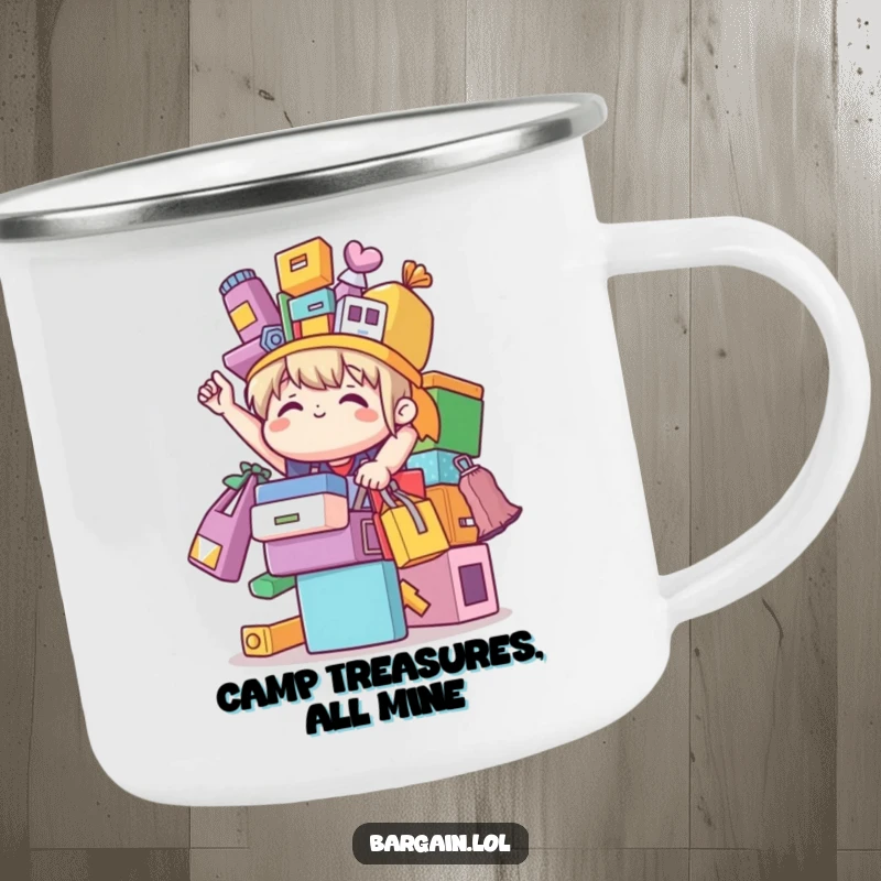 Funny cute character triumphantly balancing colorful mismatched bargain items, designed for outdoor fun on a camping mug.