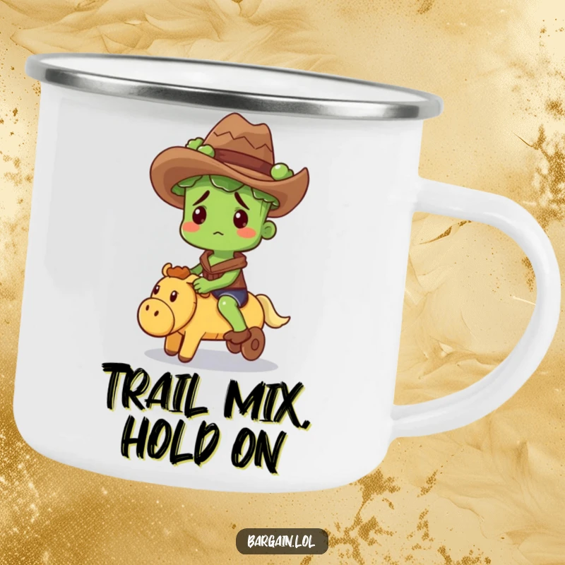 Funny camping mug with a confused broccoli sprout in a cowboy hat riding a squeaky toy, for outdoor laughs.