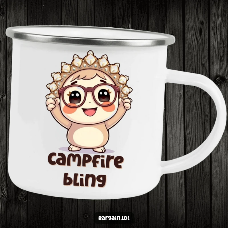 Funny camping mug, round character with glasses holding a huge sparkly brooch, outdoor enamel mug.