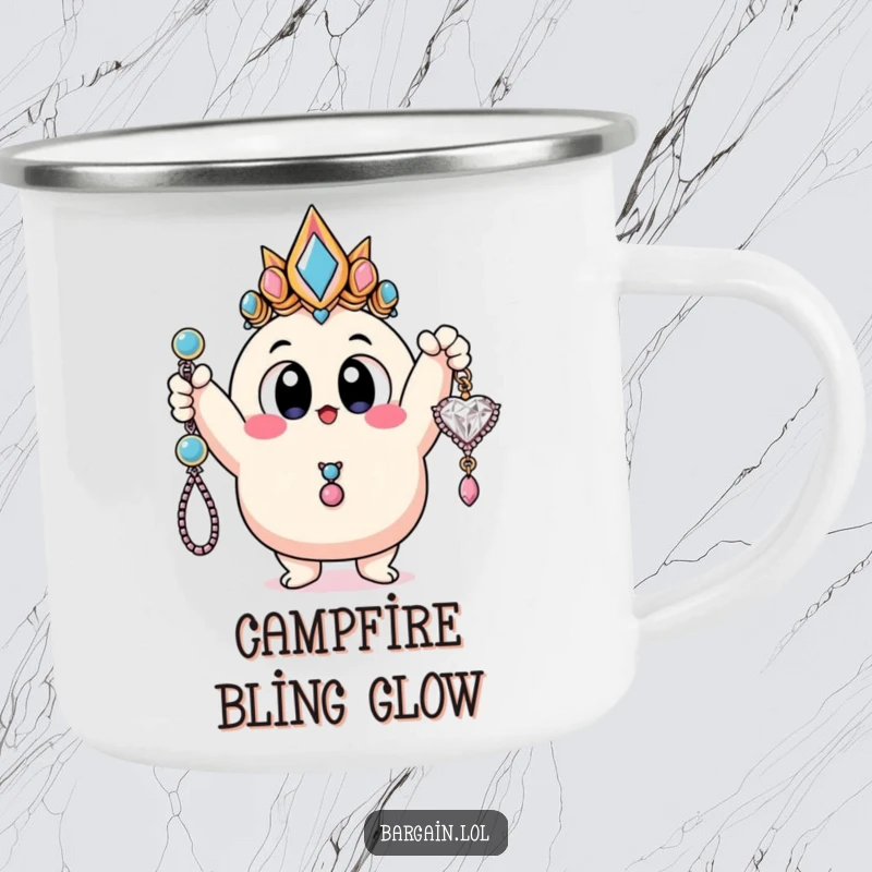 Funny camping mug featuring a blobby character with huge eyes holding up a cheap, colorful piece of jewelry.