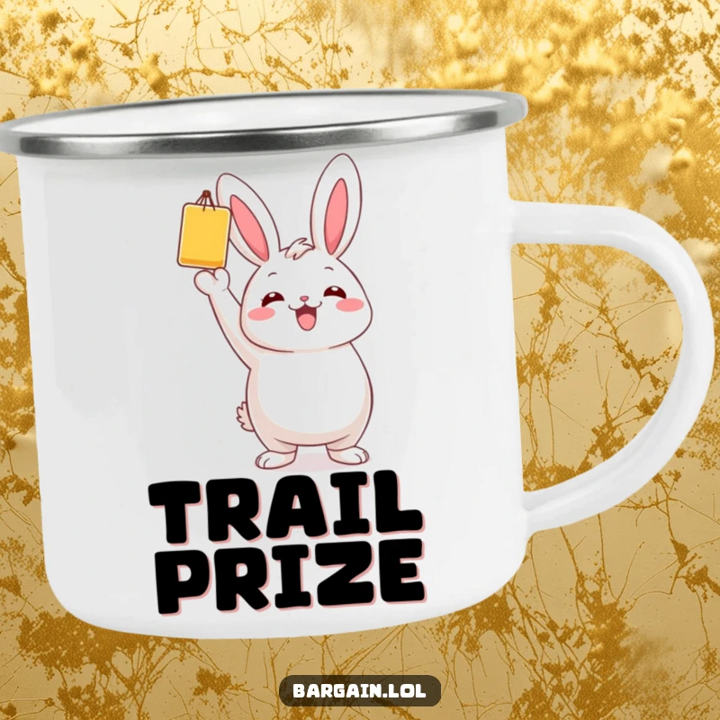 Funny camping mug showing a chubby bunny triumphantly holding a single, colorful bargain item aloft.