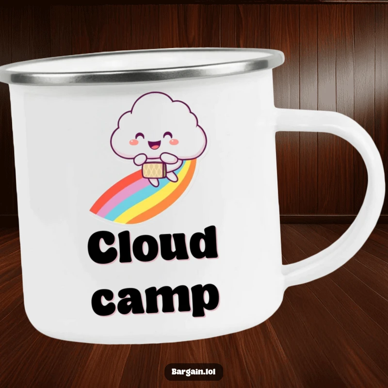 Funny camping mug showing a smiling cloud character joyfully floating down a rainbow trail, carrying a patterned bag.