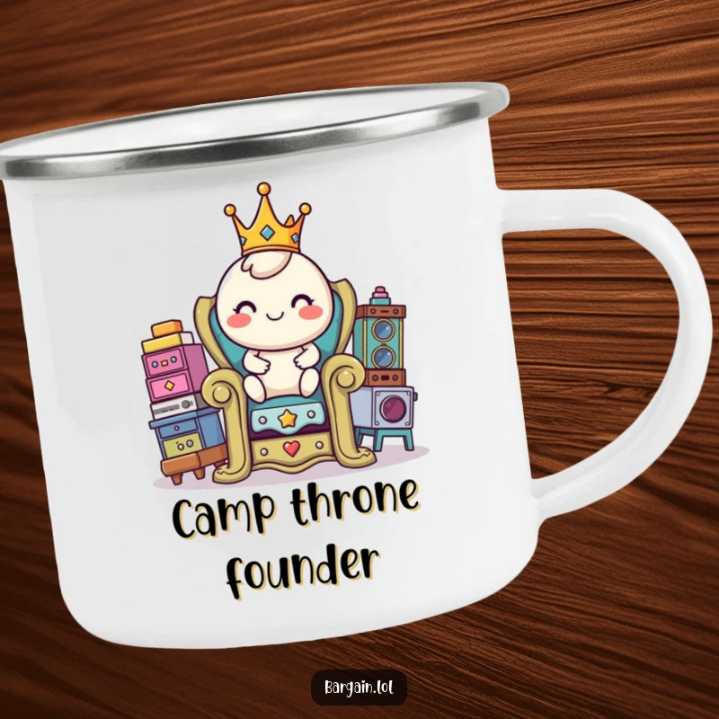 Funny camping mug featuring a round, crowned character sitting on a throne made of thrift store items.