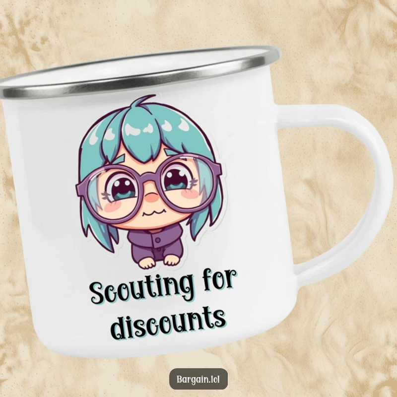 Funny Camping Mug: Character with quirky glasses, eyeing a cheap price tag, for outdoor savings.