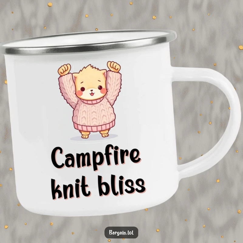 Funny camping mug: A small, fuzzy creature holding a huge knitted sweater, ideal for humorous outdoor enjoyment.