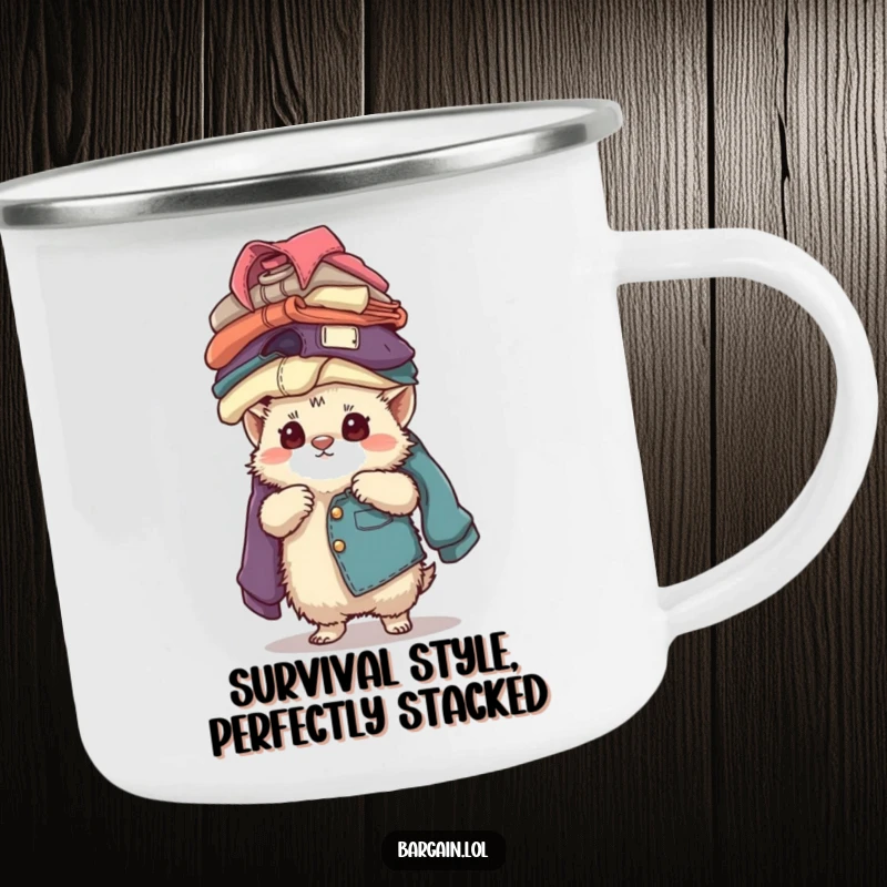 Funny fuzzy creature concentrating while balancing a tall stack of vintage clothing, depicted on a durable camping mug.