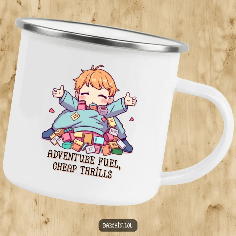 Funny Camping Mug: Character hugging discounted clothes, perfect for outdoor shopping enthusiasts.