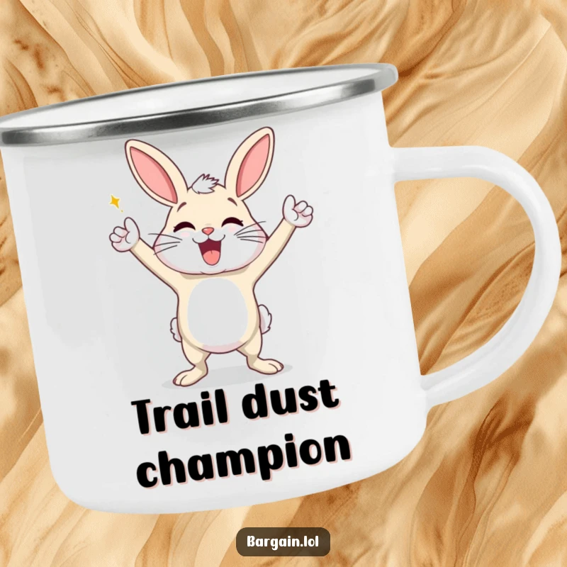 Funny camping mug featuring an exaggeratedly happy dust bunny in a triumphant victory dance, perfect for cheerful outdoor adventures.