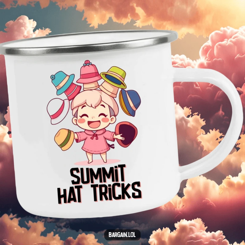 Funny enamel camping mug with a character's big grin playfully juggling several mismatched, colorful hats, perfect for outdoor fun.