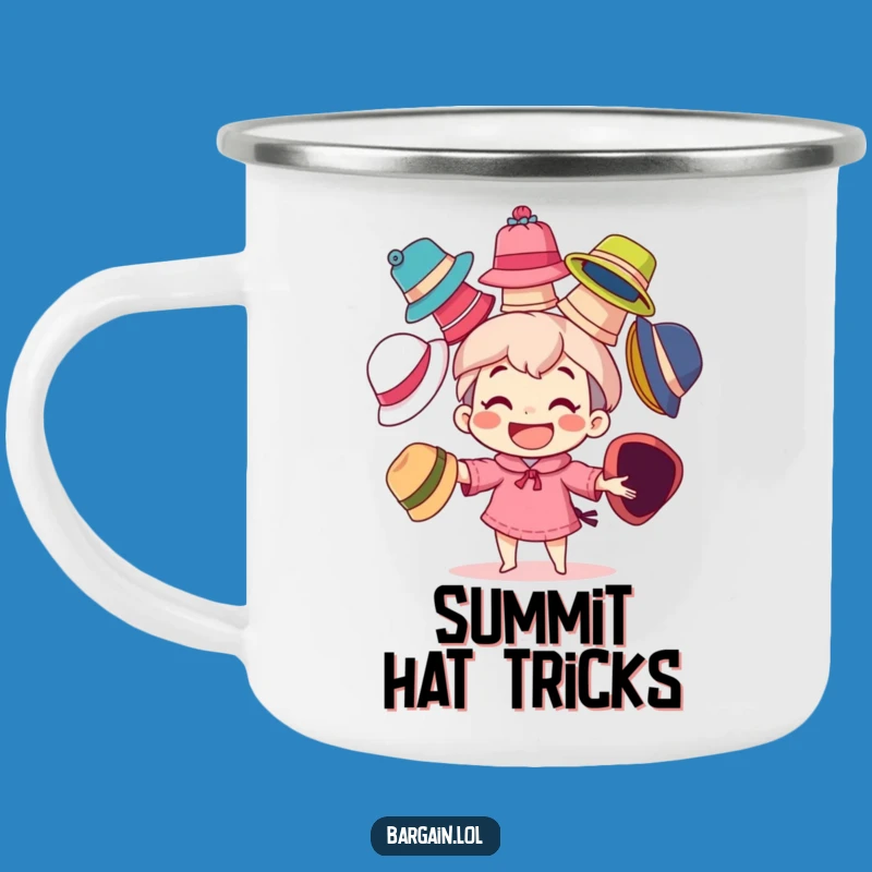 Funny Enamel Mug: Juggling Hats Character - Grinning Outdoors, Funny Gift