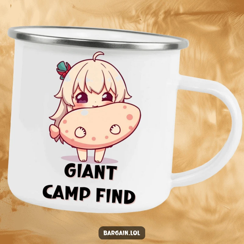 Funny enamel camping mug with a character's pure delight holding a ridiculously oversized novelty item, perfect for outdoor joy.