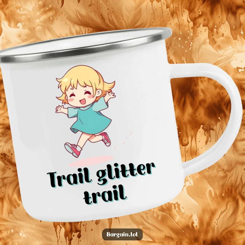 Funny camping mug showing a character skipping with glitter and tiny shoes, evoking fun outdoor adventures and warm drinks.