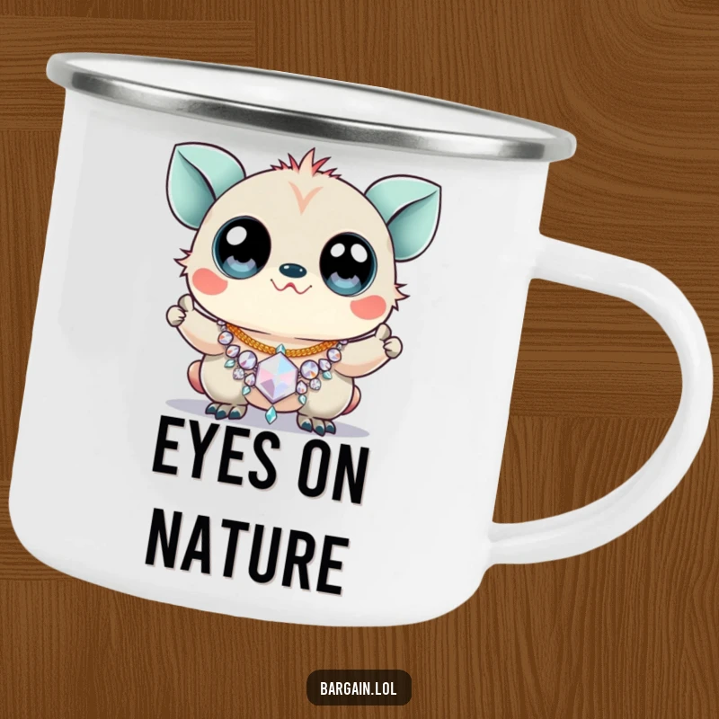 Funny camping mug with a creature with enormous googly eyes triumphantly holding a sparkly, cheap necklace.