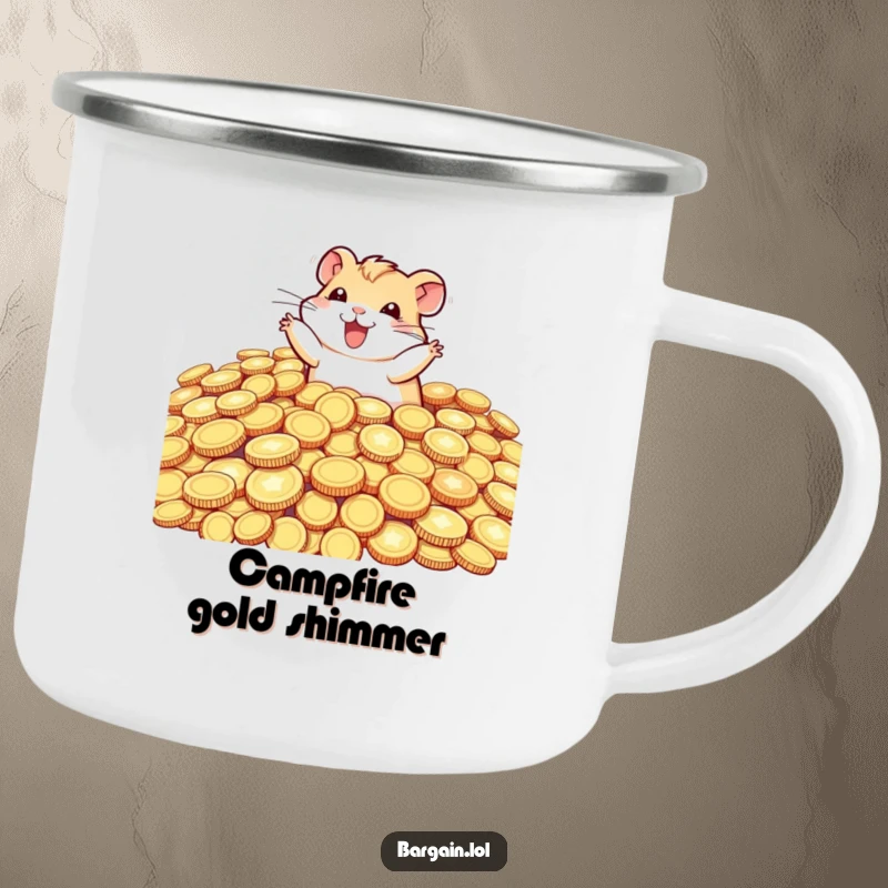 Funny tiny hamster diving into coins, ideal for a camping mug, combining adventure with humorous fortune.