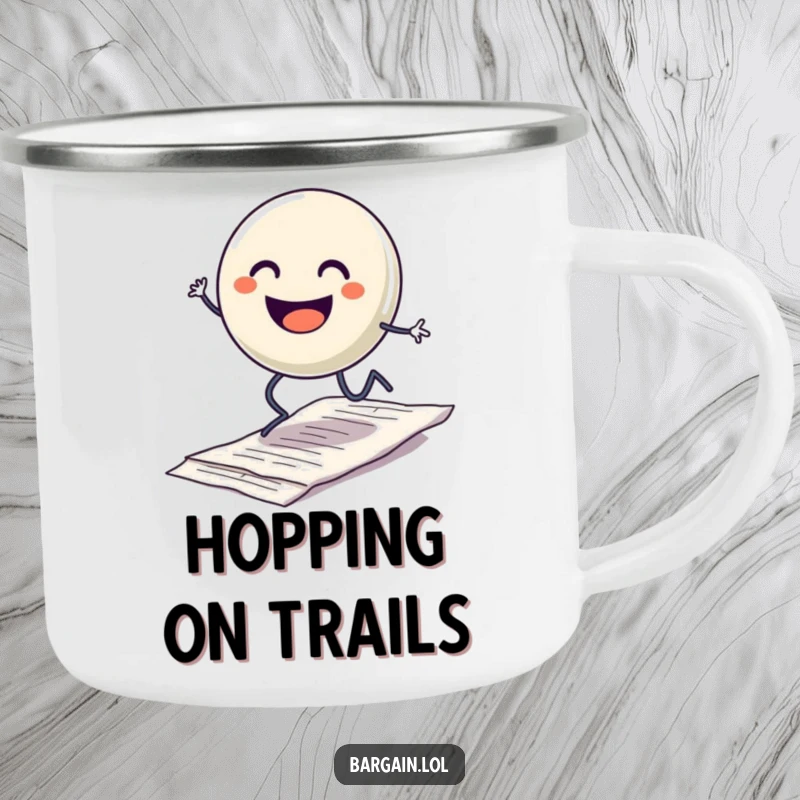 Funny camping mug with a smiling button character with legs hopping excitedly over a discarded crumpled receipt, for a cheerful outdoor experience.