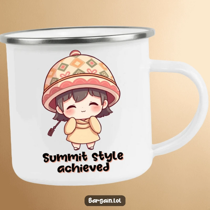 Funny Camping Mug: Character with shy smile wearing a large hat, for outdoor charm.