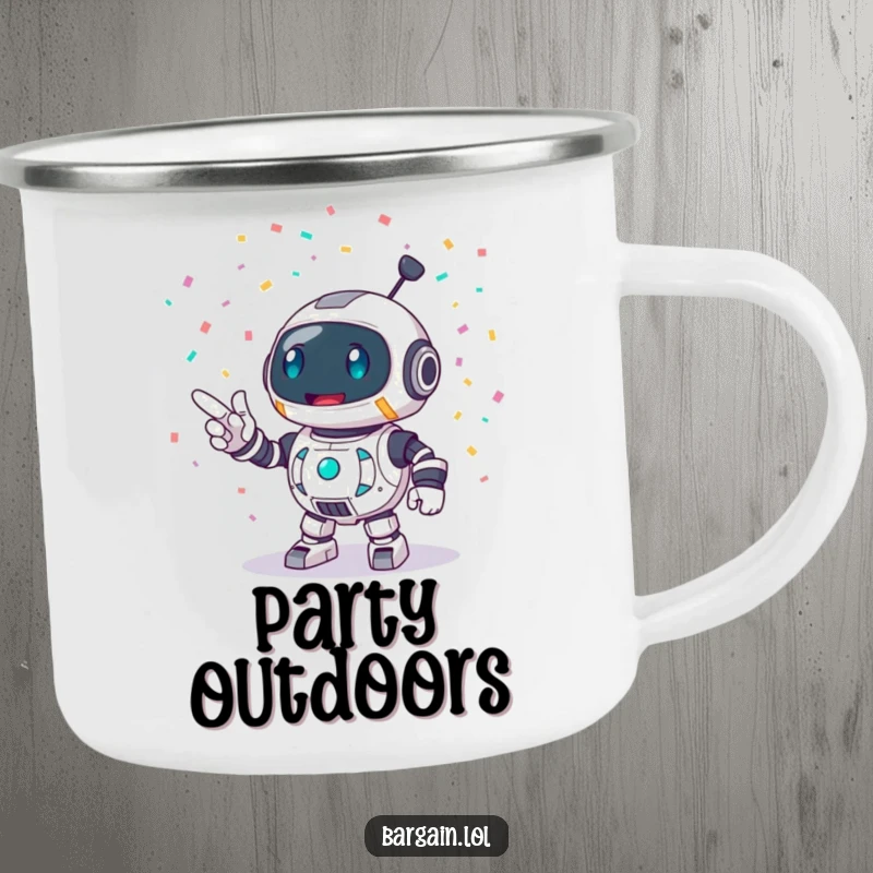 Funny camping mug featuring a round robot character enthusiastically pointing at a burst of confetti, built for rugged party enjoyment.