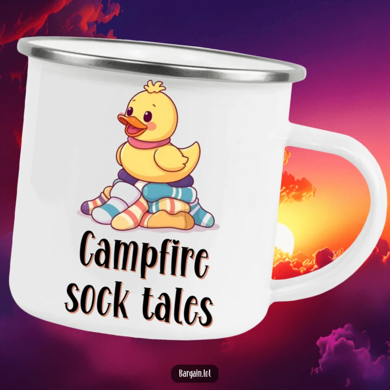 Funny camping mug featuring a rubber ducky gleefully balancing mismatched socks, blending outdoor spirit with humorous laundry antics.