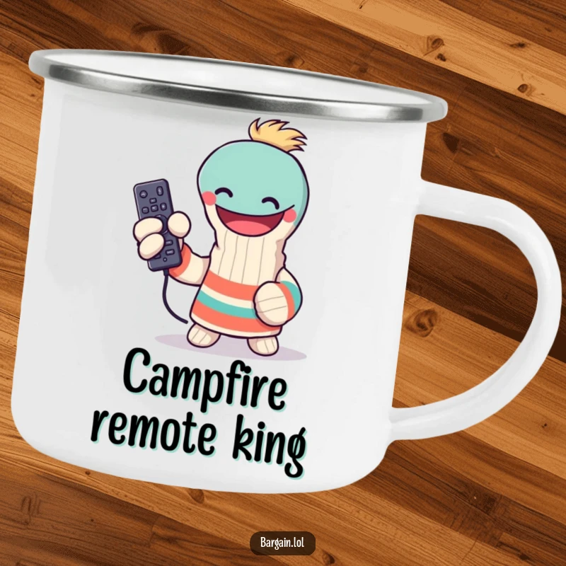 Funny sock puppet camping mug, triumphantly holding a lost remote control, for outdoor adventures, hilarious funny gift.