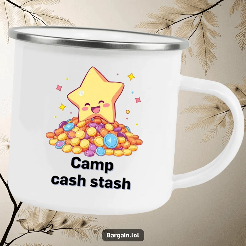 Funny camping mug depicting a star character gleefully diving into a pile of colorful, shimmering coins, perfect for adventurers with big dreams.
