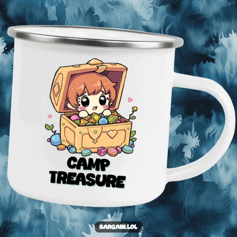 Funny camping mug with a surprised character finding a treasure chest, perfect for outdoor enthusiasts who love adventure and humor. Great gift.