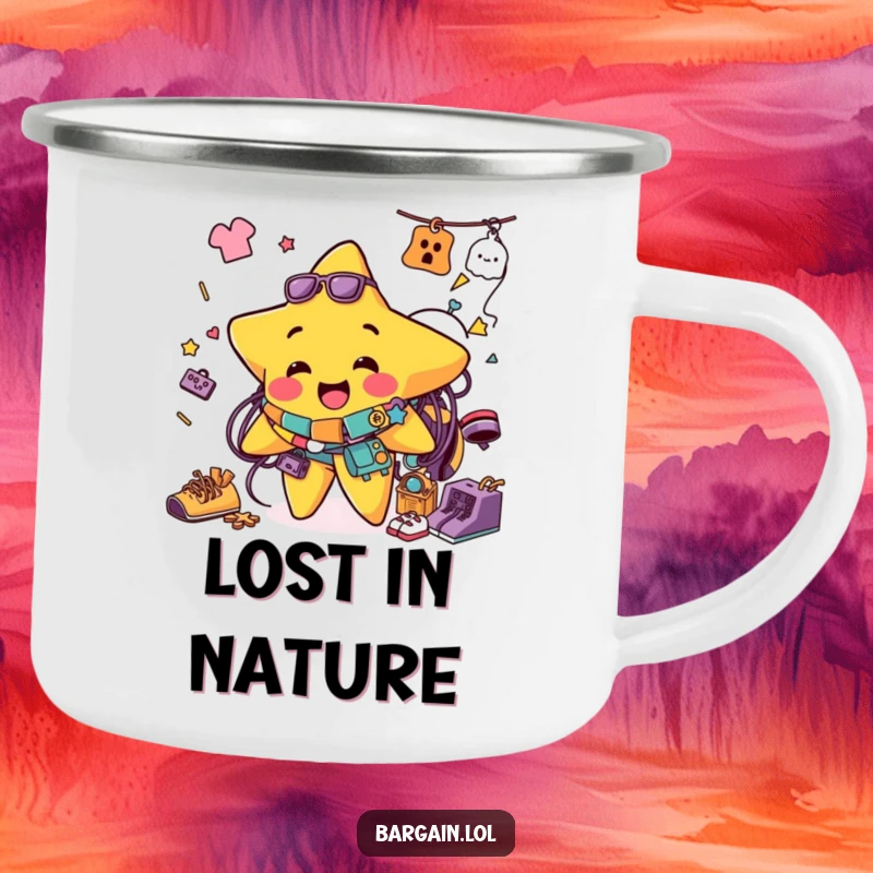 Funny camping mug showing a jolly star character tangled in colorful thrift store items, perfect for outdoor adventures and humor.
