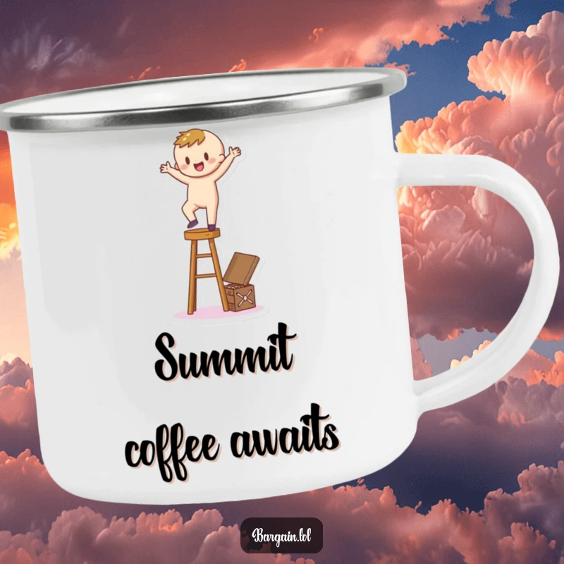 Funny Camping Mug: A happy cartoon figure balances on a stool, reaching for a hidden treasure box, embodying adventure.