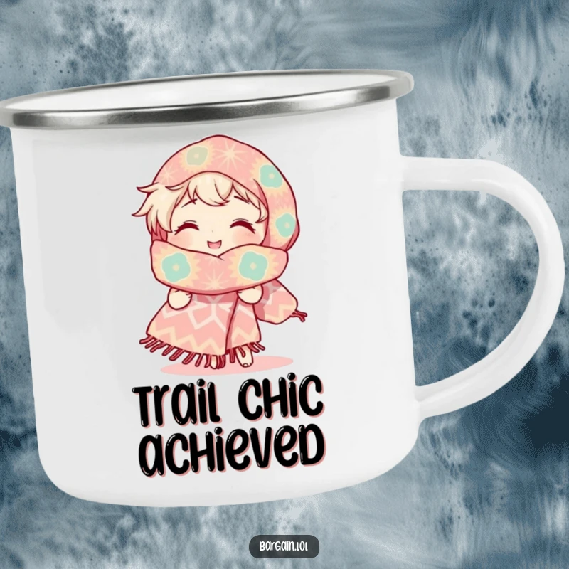 Funny enamel camping mug with a character's radiant smile admiring a ridiculously large, uniquely patterned scarf, perfect for outdoor cheer.