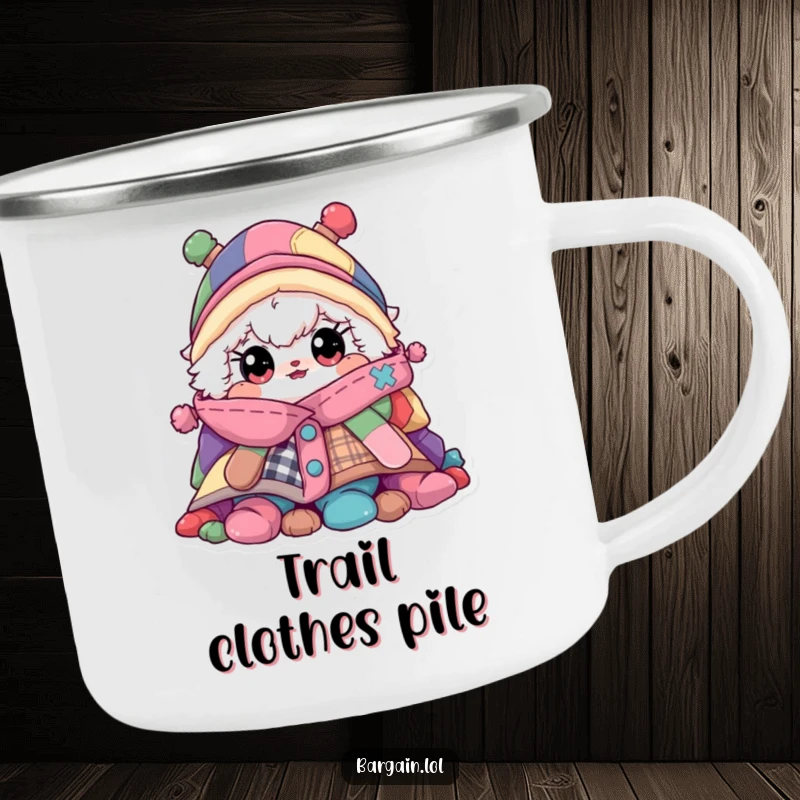 Funny camping mug, fluffy character peeking from a pile of colorful clothes, outdoor enamel mug.
