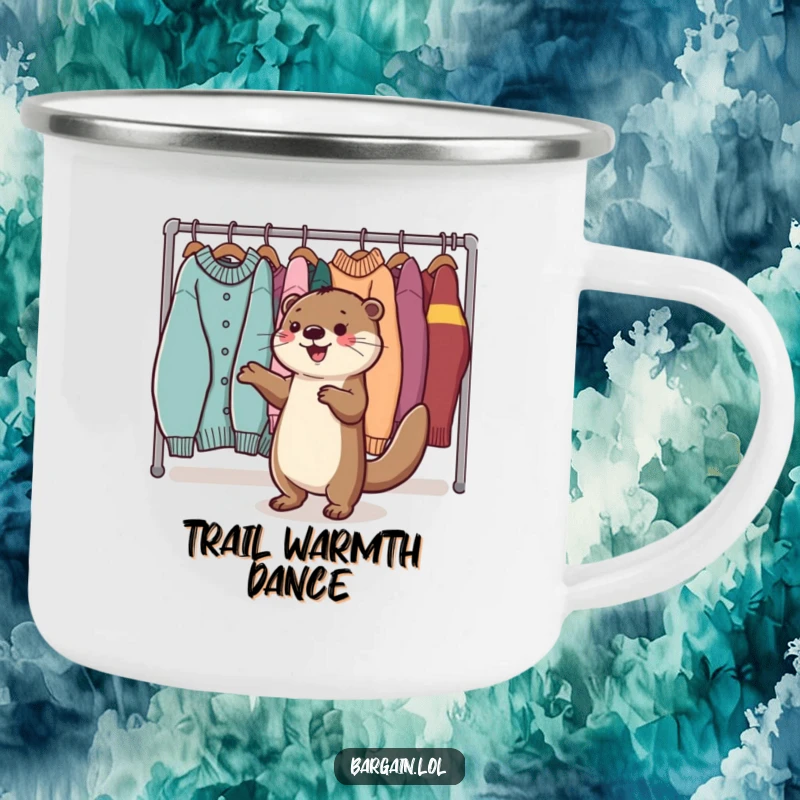 Funny Kawaii otter camping mug with a happy otter dancing near sweaters, ideal for outdoor cozy vibes.