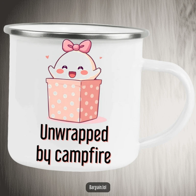 Funny camping mug: A cheerful blob character bursting from a large polka-dotted gift box, ideal for outdoor humor.