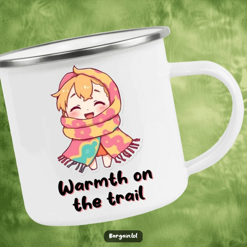 Funny Camping Mug: A tiny character is gleefully lost within a ridiculously large, patterned scarf, bringing cozy humor outdoors.