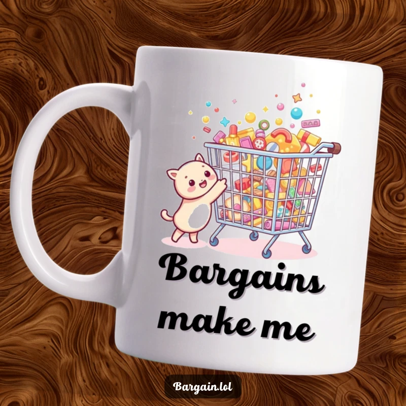 Funny Bargain Hunter Mug featuring a tiny creature joyfully pointing at a comically oversized, sparkling bargain bin filled with tiny treasures.