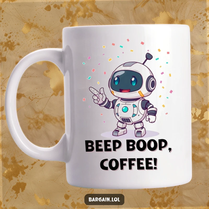 Funny mug showing a round robot character with wide eyes, enthusiastically pointing at a vibrant burst of confetti, signaling pure joy.