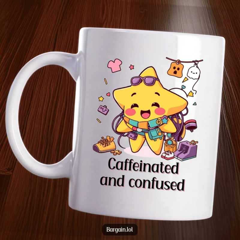 Funny mug depicting a jolly star character hilariously tangled in a vibrant rainbow of miscellaneous thrift store items.