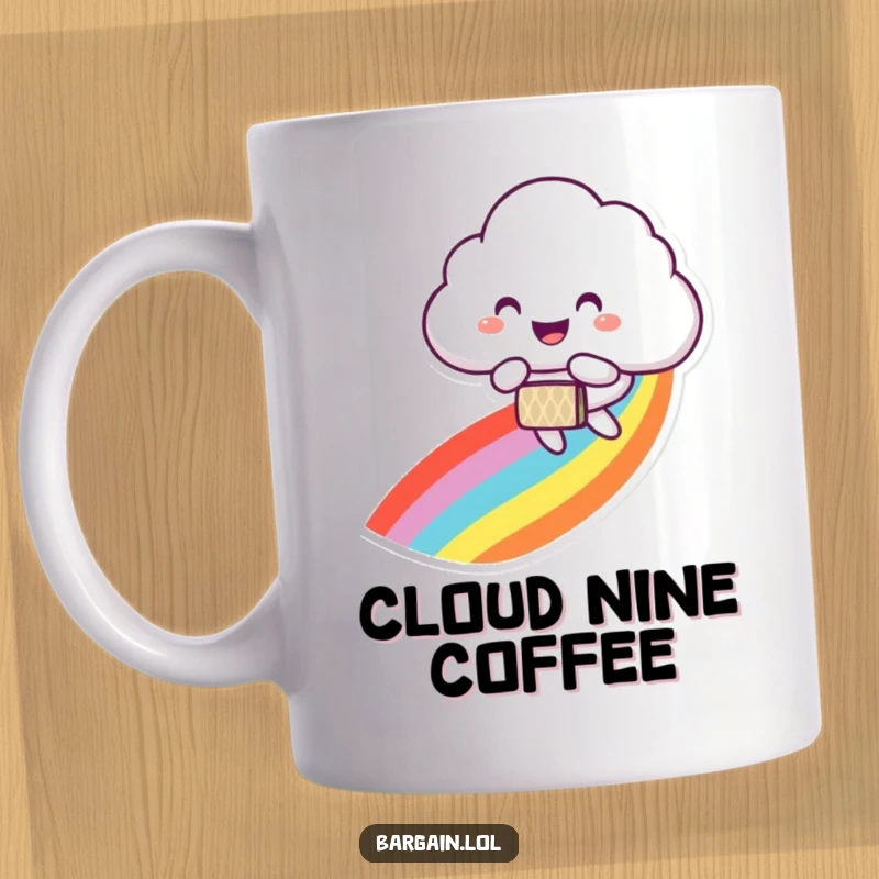 Funny mug with a smiling cloud character floating joyfully down a vibrant rainbow trail with a patterned bag.