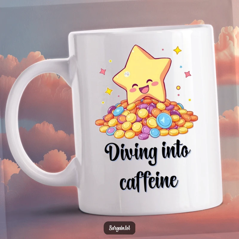 Funny mug showing a star character gleefully diving into a large pile of colorful, shimmering coins, expressing pure delight and wealth.