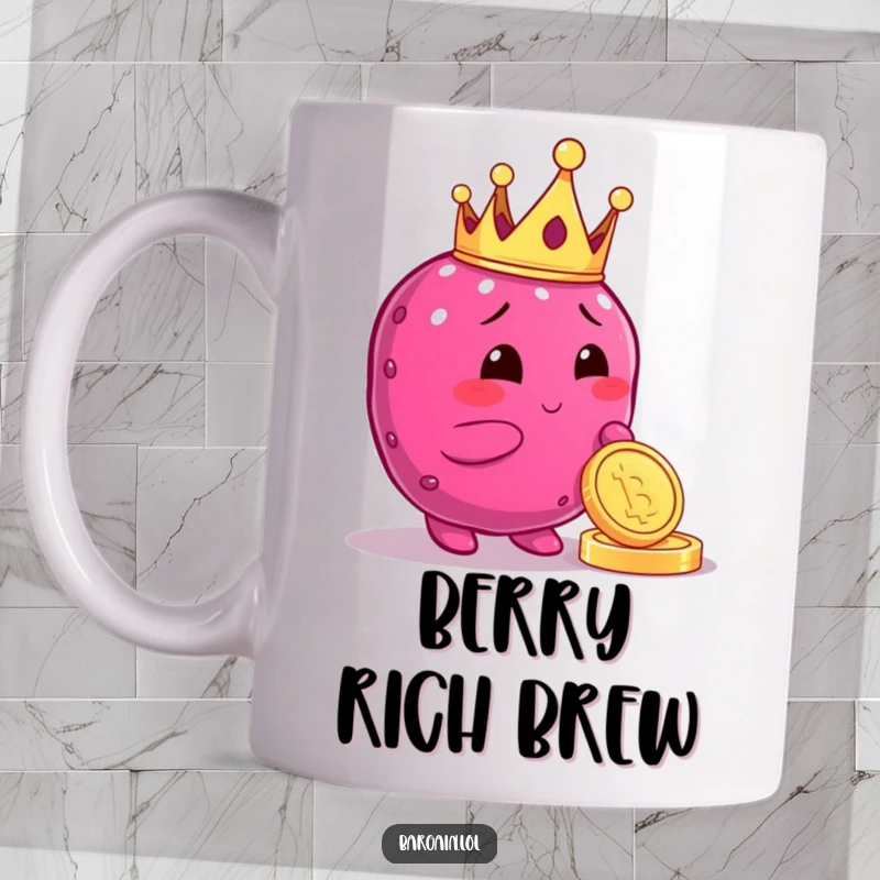 Funny mug featuring a plump berry character wearing a tiny crown, joyfully admiring a shiny gold coin, exuding wealth and satisfaction.