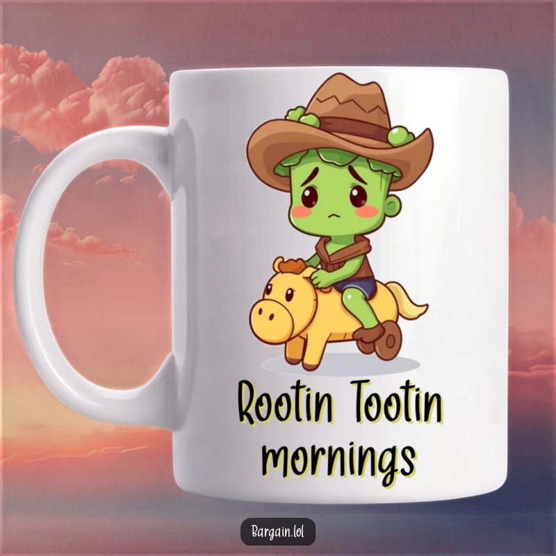 Funny mug with a confused broccoli sprout wearing a cowboy hat, riding a squeaky toy with a wild west theme.