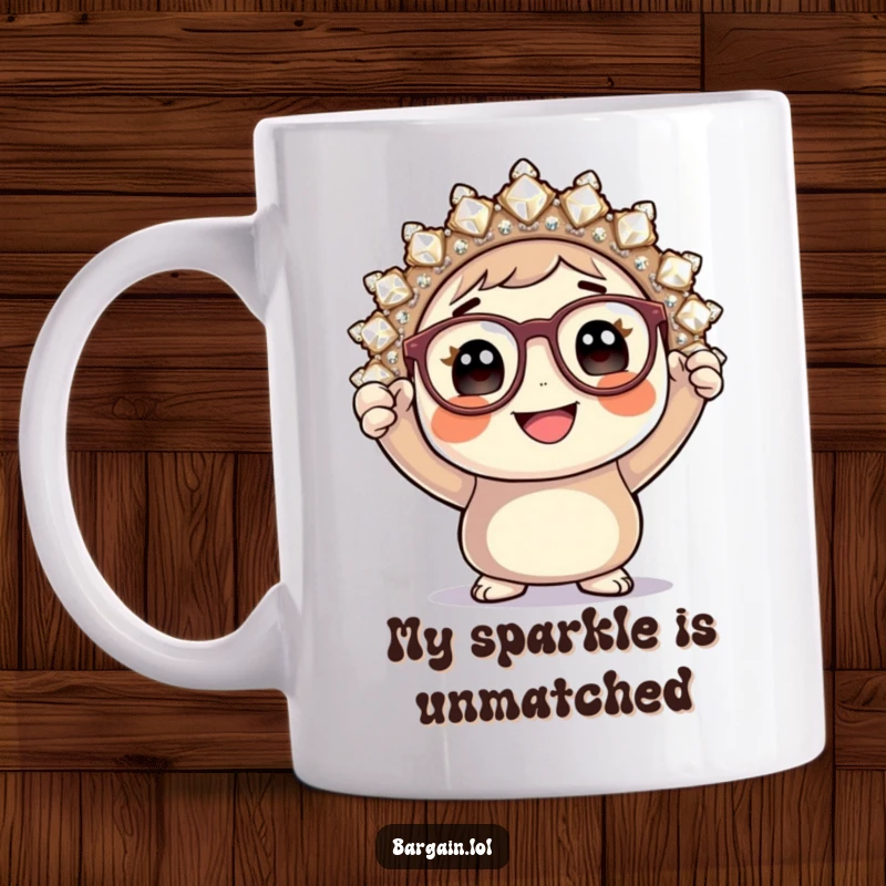 Funny mug, round character with glasses proudly holding a huge sparkly brooch, celebrating fashion and flair.
