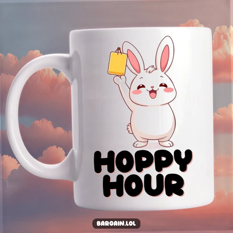 Funny mug with a chubby bunny character proudly holding a single, colorful bargain item high in the air.