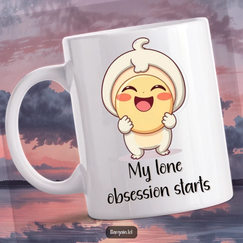 Funny Mug: A delighted little being beams proudly holding a comically large button, embodying pure, joyful button obsession.