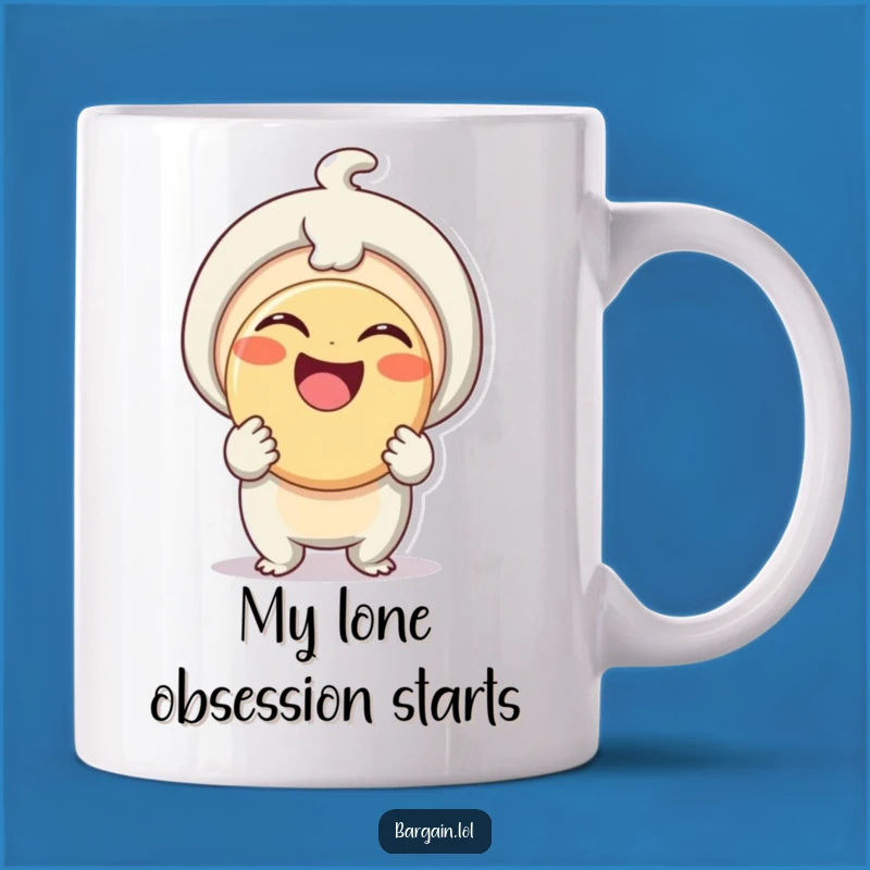 Funny Button Enthusiast Mug: A Delighted Being Holding a Giant Button, Perfect Quirky Gift!