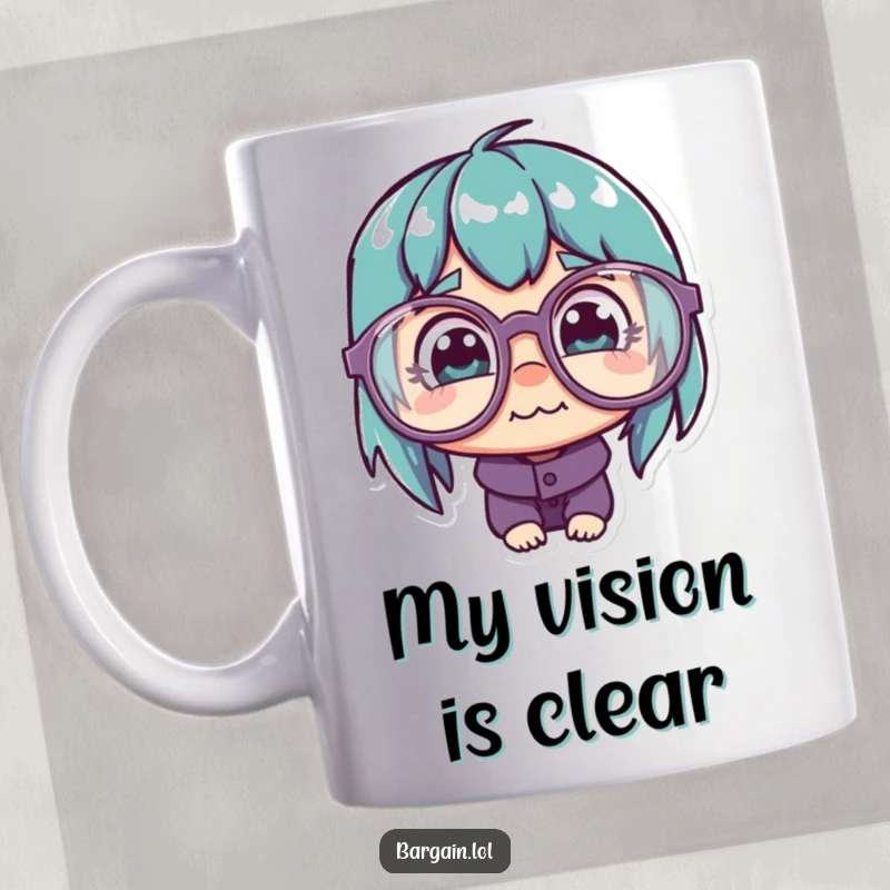 Funny Mug: Character peeking through oversized, quirky glasses at a comically cheap price tag, highlighting savings.