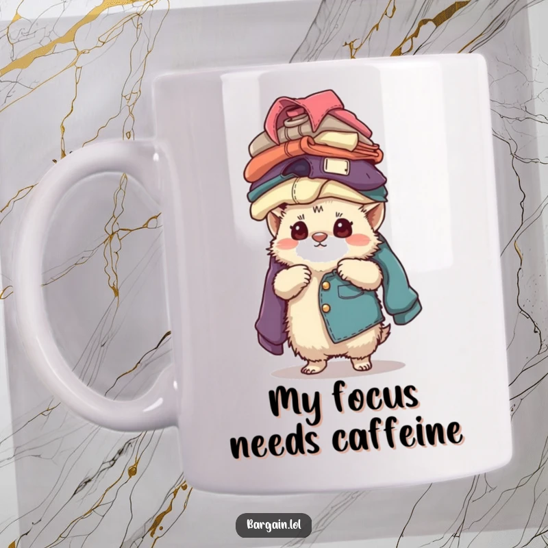 Funny small fuzzy creature with intense concentration balancing a very tall stack of vintage clothing, a humorous mug.