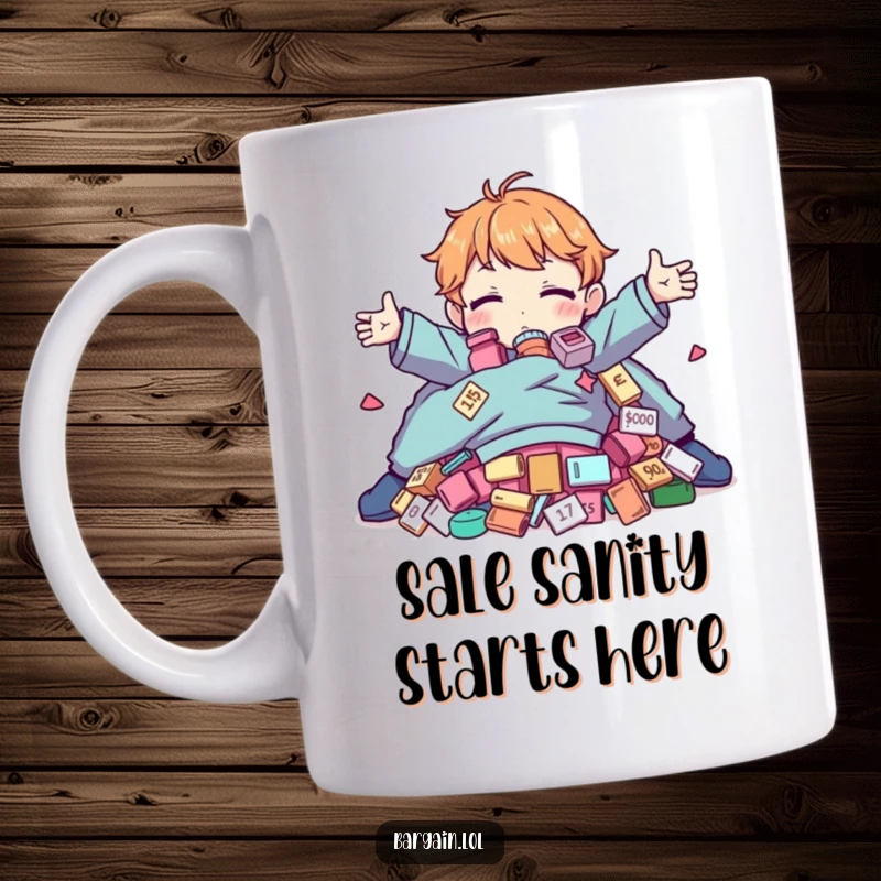 Funny Mug: Character joyfully hugging a huge pile of absurd, discounted clothing, celebrating bargain shopping.