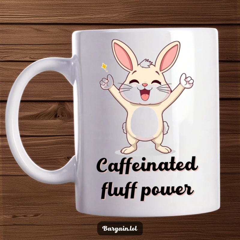 Funny mug featuring an exaggeratedly happy dust bunny doing a triumphant victory dance, embodying pure, unadulterated joy and celebration.