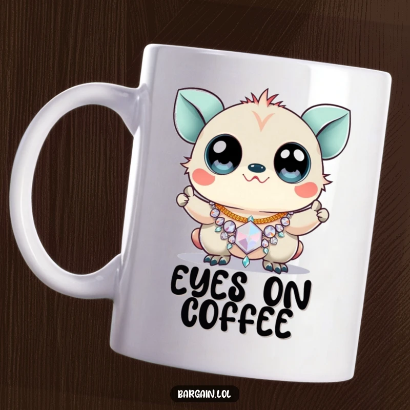 Funny mug of a creature with huge googly eyes triumphantly holding a sparkly, cheap necklace.