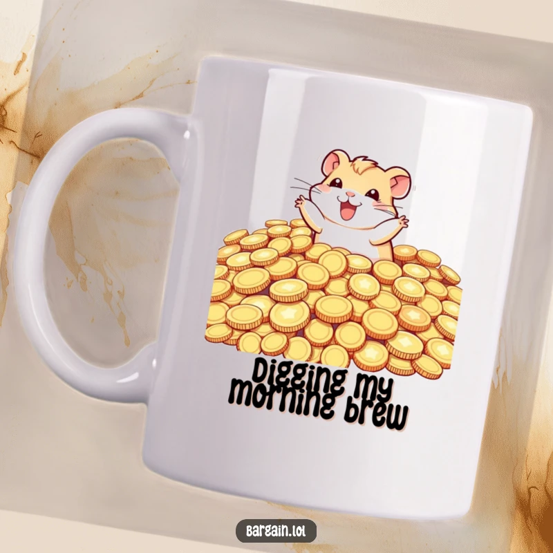 Funny tiny hamster character joyfully diving headfirst into a huge pile of glittering, oversized coins, on this humorous mug.